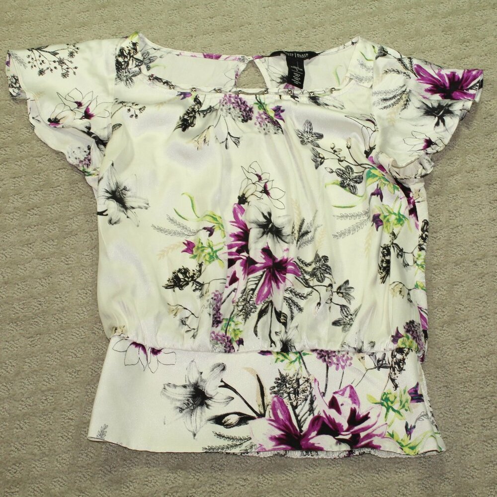 White House Black Market Women’s Size 6 White/Purple/Black Silk Stretch Blouse